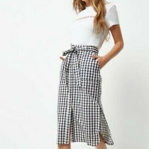 River Island black and white gingham midi skirt